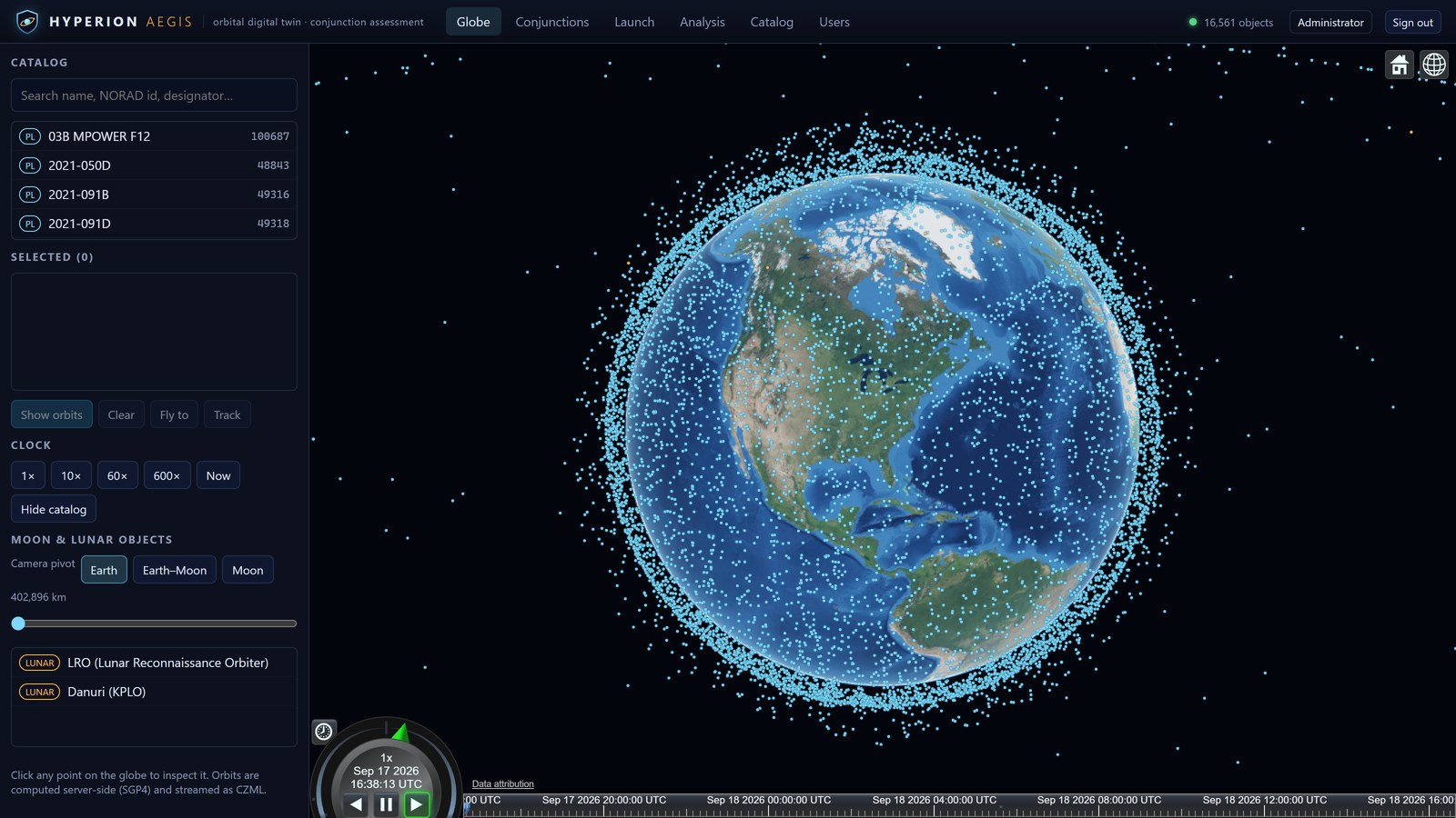 The Hyperion Aegis globe: 16,561 catalogued objects drawn as a shell of low Earth orbit over NASA imagery, with the catalog sidebar, clock controls and Earth–Moon camera pivot