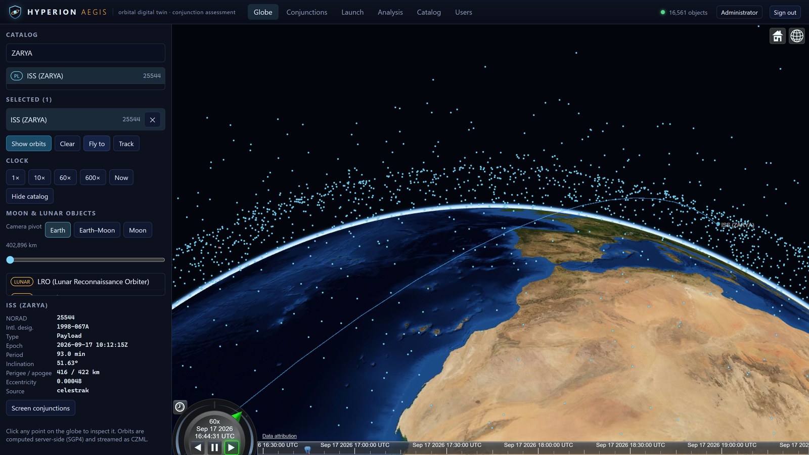 The globe with ISS (ZARYA) selected: its orbit drawn as a full revolution, and a detail panel giving international designator 1998-067A, a 416 by 422 km orbit at 51.63 degrees inclination, the element-set epoch and the feed it came from
