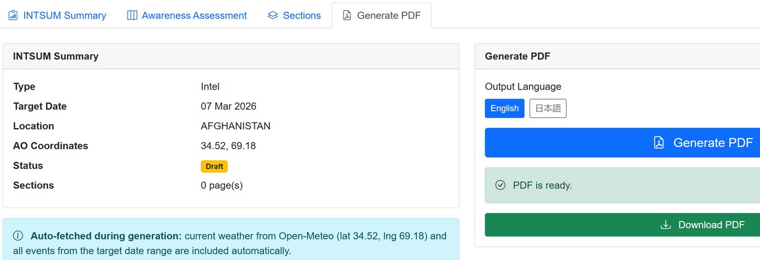 The INTSUM generator: type, target date, location and AO coordinates beside an export panel offering English or Japanese output