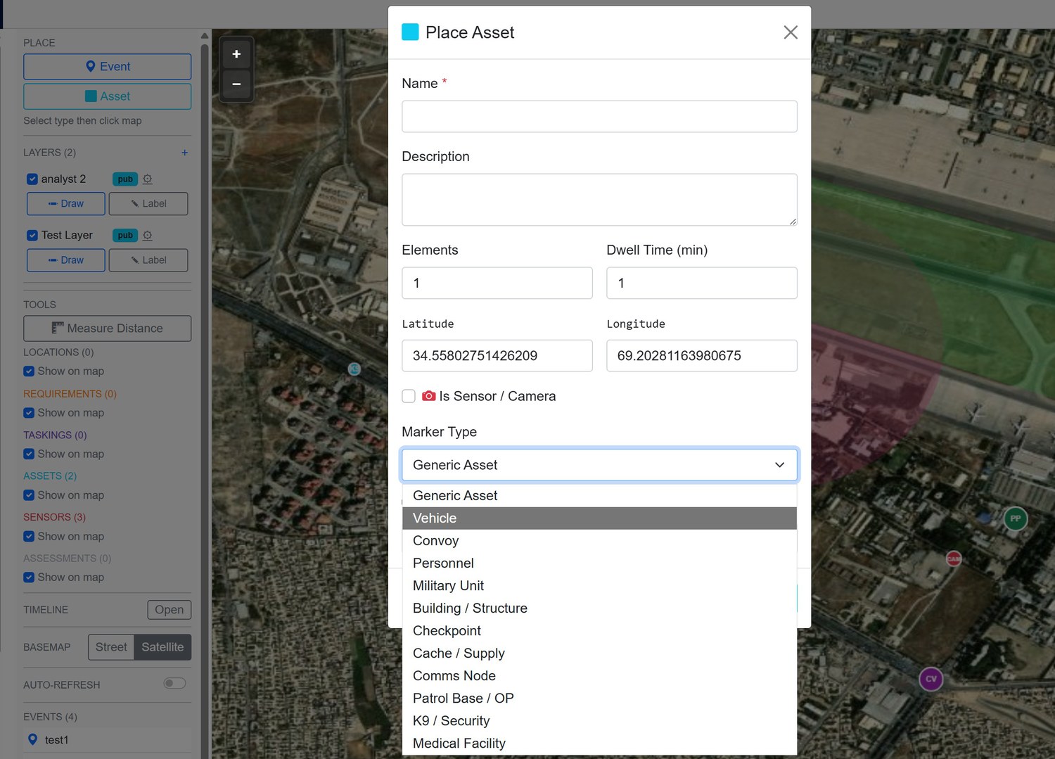 The Hyperion Securitas live map: an asset being placed on the 3D satellite globe, with layers, tools and marker types in the analyst sidebar