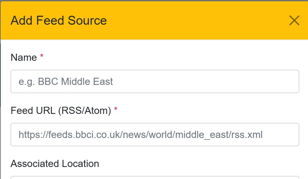 Adding an OSINT feed source: a name, an RSS or Atom feed URL, and an associated location