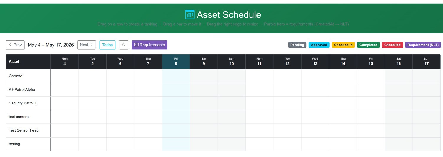 The asset schedule: a two-week grid of assets against days, with a legend for pending, approved, checked in, completed, cancelled, and requirement windows