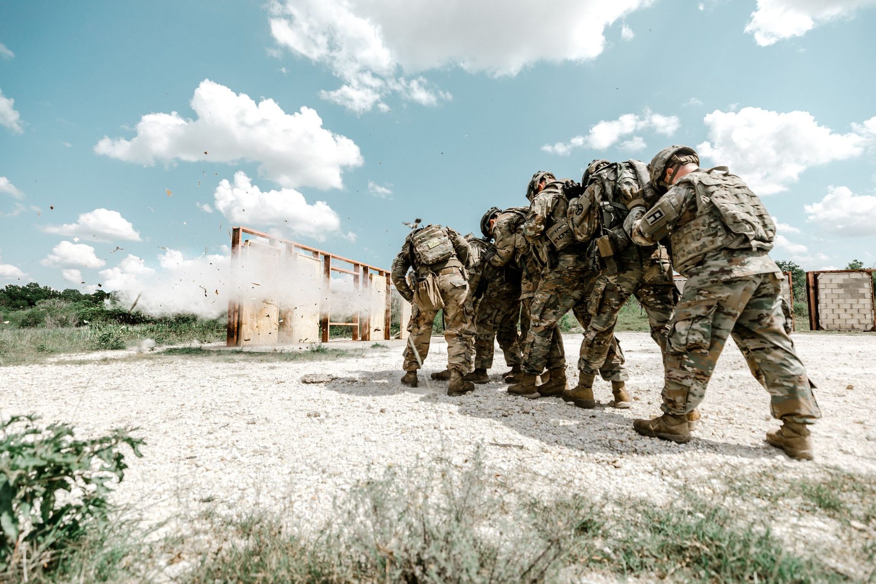 A squad moving as a stack during a live training exercise
